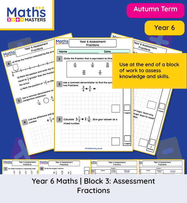 Year 6 fractions assessment covering equivalent, comparing, ordering, addition and subtraction