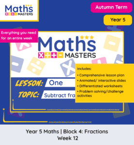 Year 5 subtract fractions lesson pack for related denominators