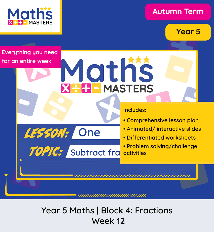 Year 5 subtract fractions lesson pack for related denominators