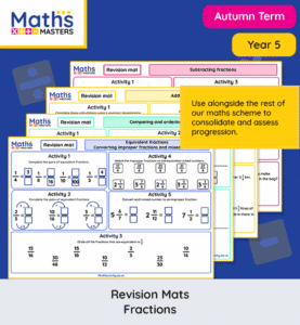 Year 5 fractions revision mat with equivalent fractions, ordering, adding and subtracting fractions