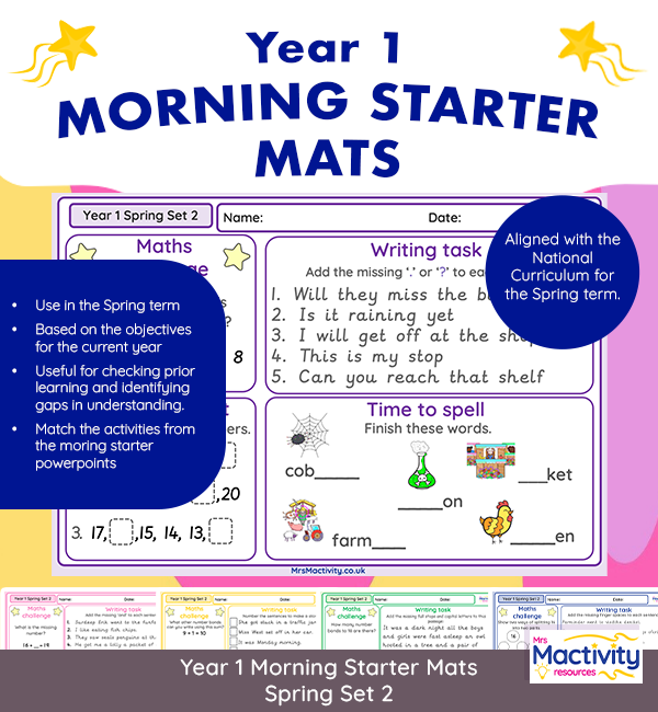 Year 1 morning starter mats Spring Term Set 2 with maths, spelling and writing tasks