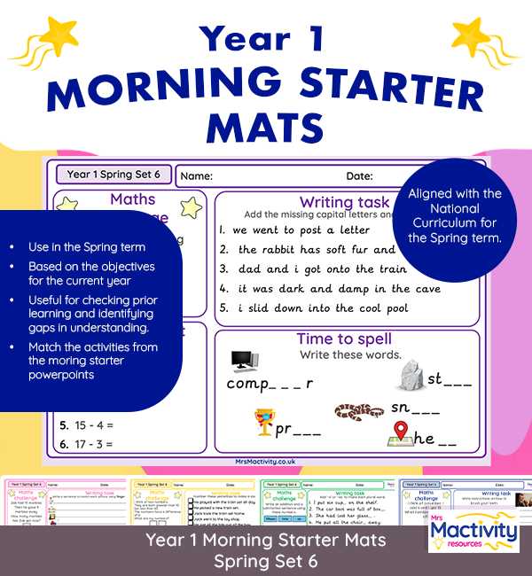 Year 1 Morning Starter Mats Spring Term Set 6 maths and English starter activities