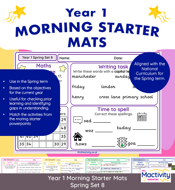 Year 1 Morning Starter Mats Spring Term Set 8 – Daily Maths and English Warm-Ups