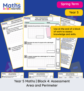 Year 5 perimeter and area assessment worksheet covering rectangles compound shapes and estimating area