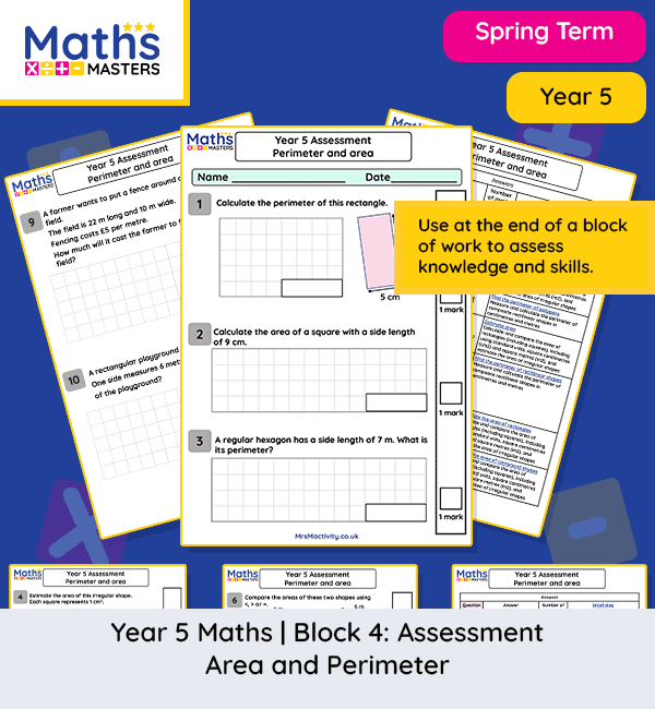 Year 5 perimeter and area assessment worksheet covering rectangles compound shapes and estimating area