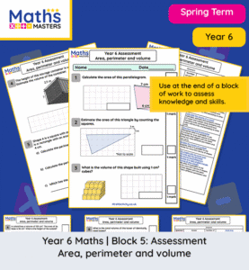 Year 6 area perimeter and volume maths assessment worksheet