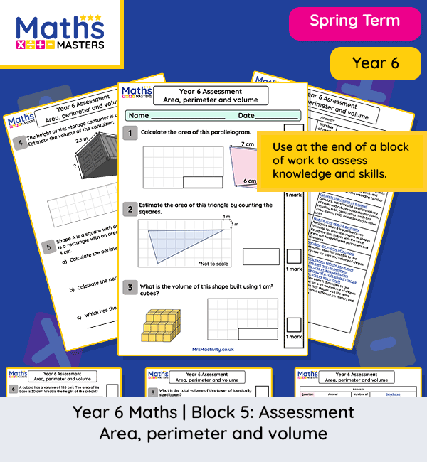 Year 6 area perimeter and volume maths assessment worksheet