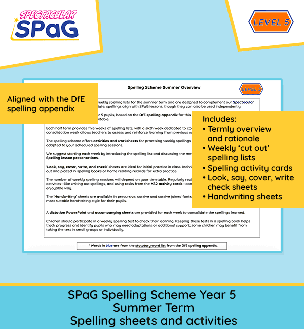 Year 5 summer spelling resources SPaG scheme weekly spelling lists and activities