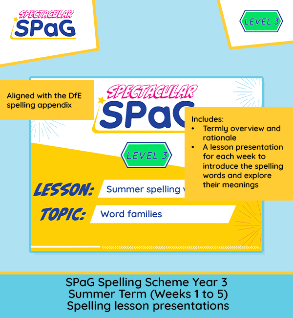 Year 3 Summer 1 spelling lesson presentations covering word families, homophones and statutory spelling lists Weeks 1-5