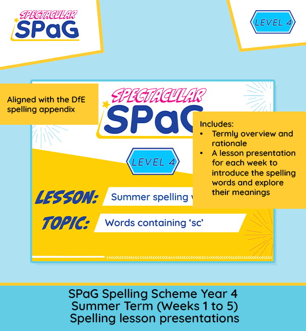 Year 4 Summer 1 spelling lesson presentations covering sc, homophones, ei/ey and gu spelling patterns Weeks 1-5