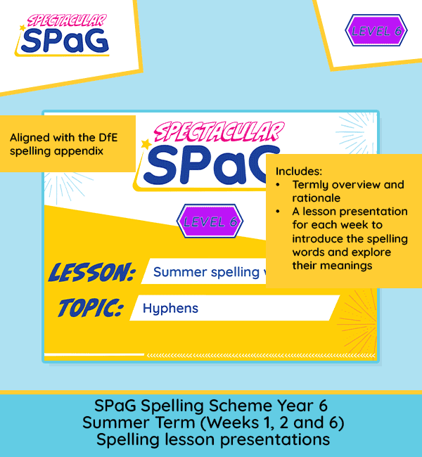 Year 6 Summer 1 spelling lesson presentations covering hyphenated words and -ly spellings Weeks 1-3