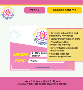 Year 2 plant growth lesson pack showing seed planting and observation activities