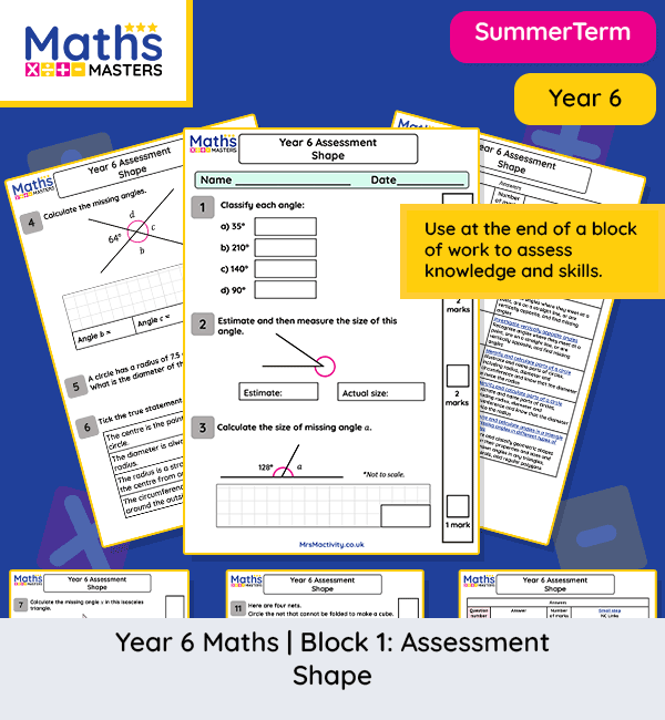 Year 6 shape assessment worksheet with questions on angles, circles, polygons and 3D shape properties