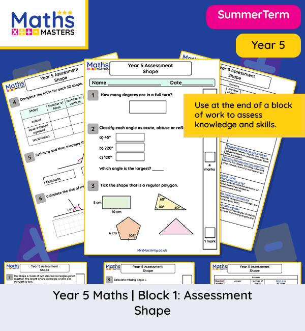 Year 5 shape assessment worksheet with questions on angles, polygons, perimeter and 3D shape properties