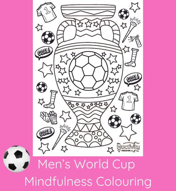 Football mindfulness colouring page with football trophy, footballs, boots and sports-themed illustrations for EYFS, KS1 and KS2 pupils