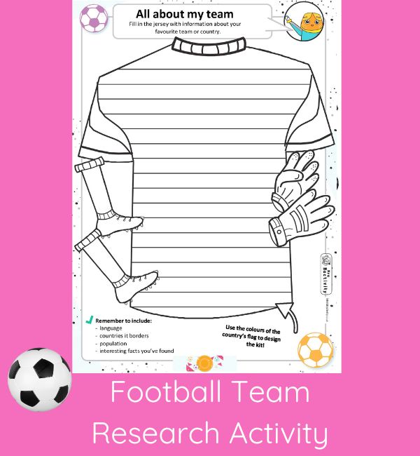 Football team and country research worksheet with football shirt template for KS1 and KS2 pupils
