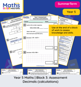Year 5 decimals assessment covering decimal sequences calculations and powers of 10