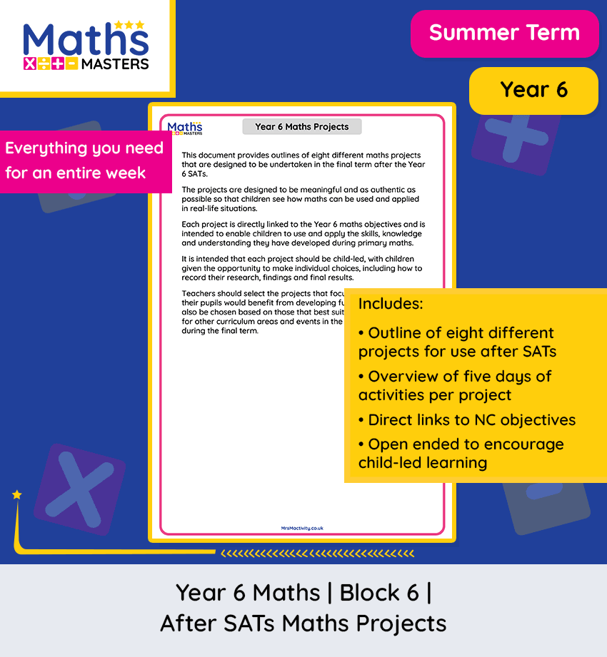 Year 6 After SATs Maths Projects pack featuring enterprise, data handling, geometry and problem-solving challenges