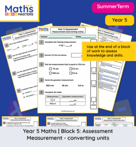 Year 5 converting units assessment worksheet with questions on metric and imperial conversions, time conversions, timetables and measurement problem solving.