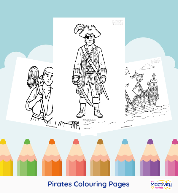 Printable pirate colouring pages featuring pirate captains, pirate crew and a pirate ship with bold outlines for children.