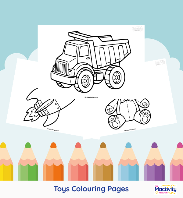Printable toy colouring pages featuring a toy train, teddy bear, rocket, building blocks and dump truck.