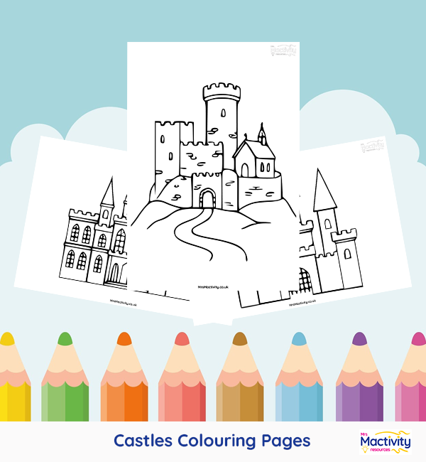 Printable castle colouring pages featuring medieval castles, towers and fortresses for children.
