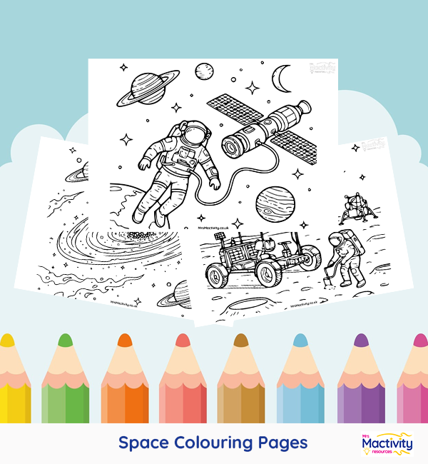 Printable space colouring pages featuring astronauts, rockets, planets, satellites and lunar exploration.