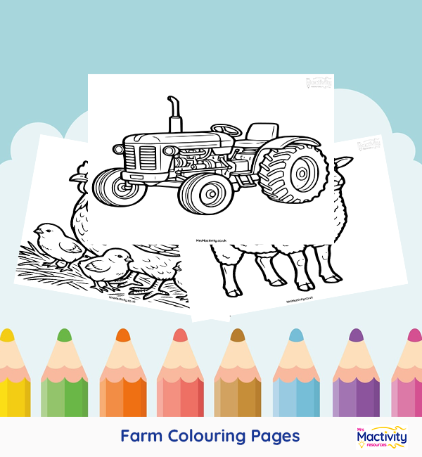 Printable farm colouring pages featuring a horse, cow, sheep, chicken, tractor and farm buildings.