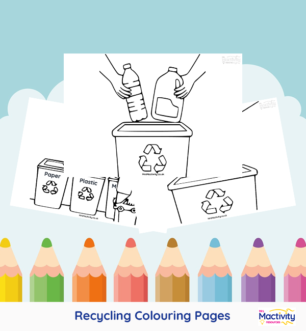 Printable recycling colouring pages showing children sorting paper, plastic, glass and metal into recycling bins.