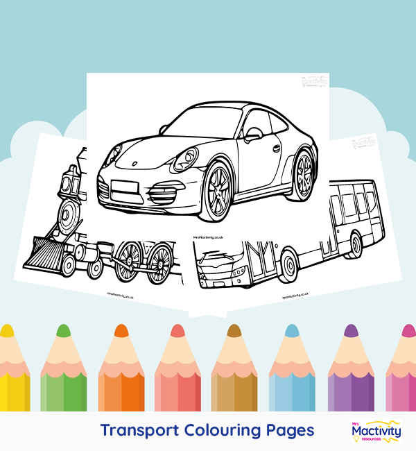 Printable transport colouring pages featuring a car, train, aeroplane, bus and helicopter.