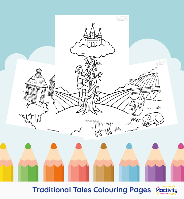 Printable traditional tale colouring pages featuring fairy tale characters and scenes from classic stories.