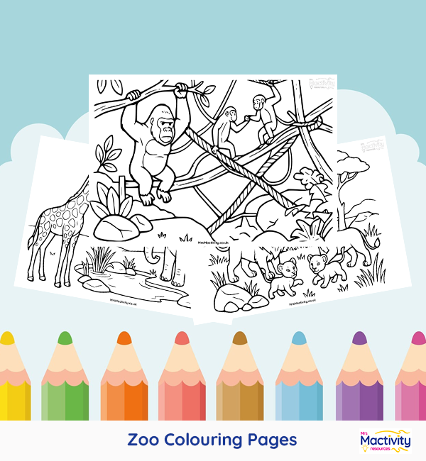 Printable zoo colouring pages featuring lions, elephants, giraffes, monkeys, zebras and other zoo animals.