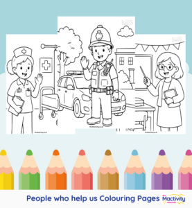Printable people who help us colouring pages featuring doctors, nurses, firefighters, police officers, teachers, vets and other community helpers.