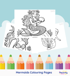 Printable mermaid colouring pages featuring magical mermaids, a merman and underwater scenes.