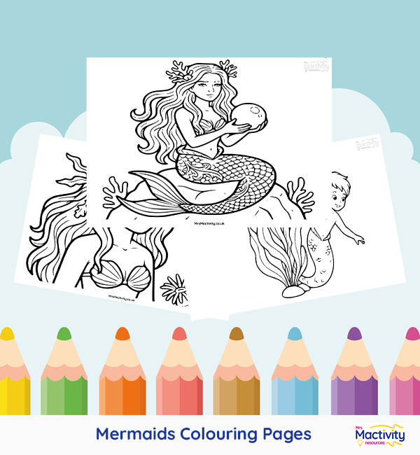 Printable mermaid colouring pages featuring magical mermaids, a merman and underwater scenes.