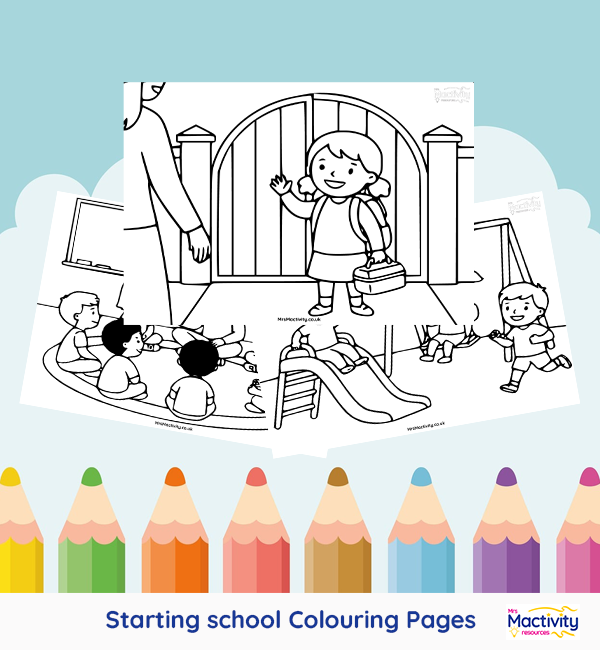 Printable starting school colouring pages featuring children arriving at school, story time, lunchtime and classroom activities.