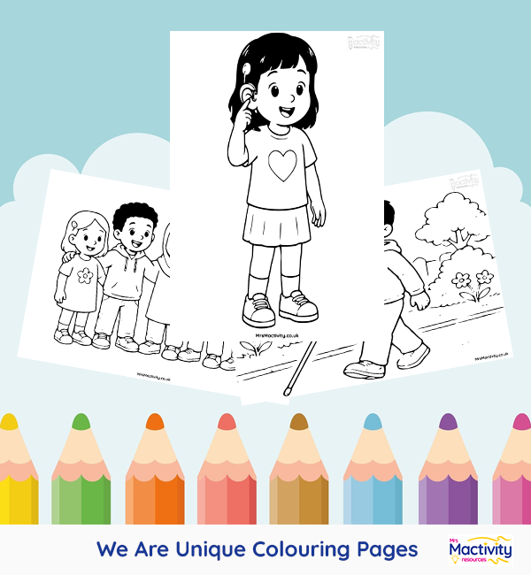 Printable we are unique colouring pages celebrating diversity, inclusion and children with a range of abilities and backgrounds.