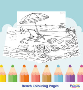 Printable beach colouring pages featuring seaside scenes, sandcastles, sailing boats, lighthouses and beach activities.