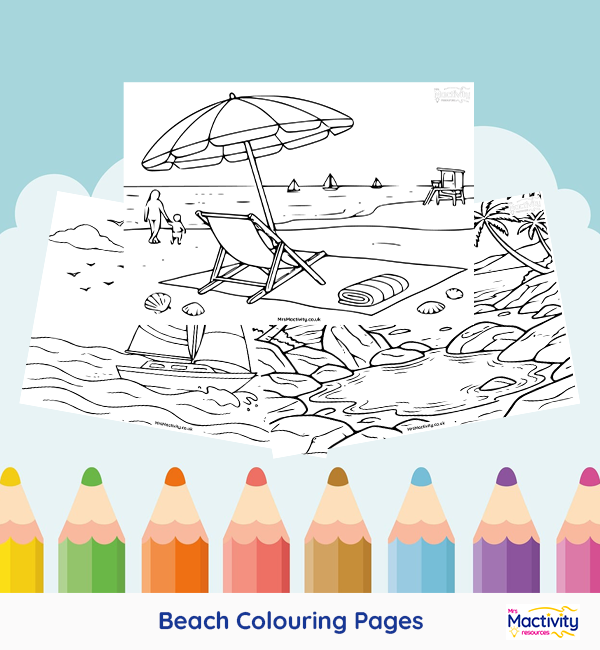 Printable beach colouring pages featuring seaside scenes, sandcastles, sailing boats, lighthouses and beach activities.