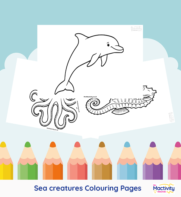 Printable sea creature colouring pages featuring dolphins, whales, sea turtles, octopuses and starfish.