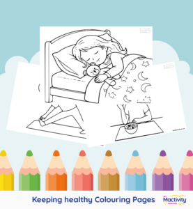 Printable keeping healthy colouring pages featuring healthy eating, brushing teeth, exercise, sleep and personal hygiene.