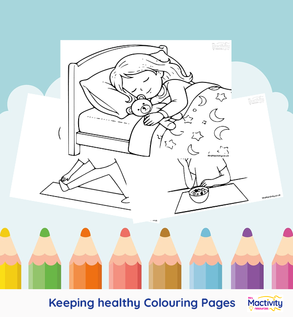 Printable keeping healthy colouring pages featuring healthy eating, brushing teeth, exercise, sleep and personal hygiene.