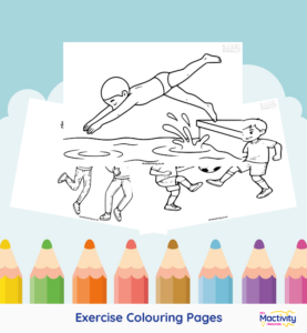 Printable exercise colouring pages featuring football, tennis, swimming, gymnastics, dancing and other physical activities.