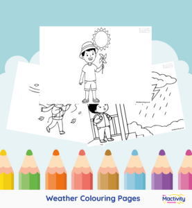 Printable weather colouring pages featuring sunshine, rain, snow, thunderstorms and different seasonal weather.