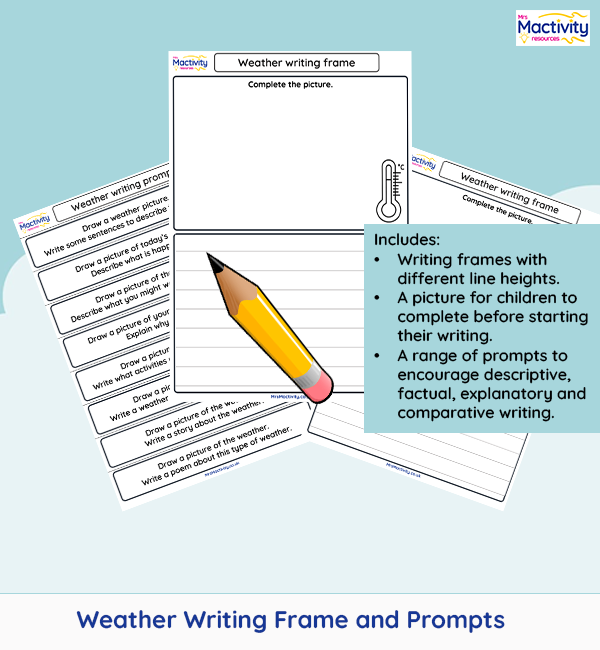 Weather writing prompts and weather writing frames with complete the picture activities for EYFS and primaryWeather writing prompts and weather writing frames with complete the picture activities for EYFS and primary