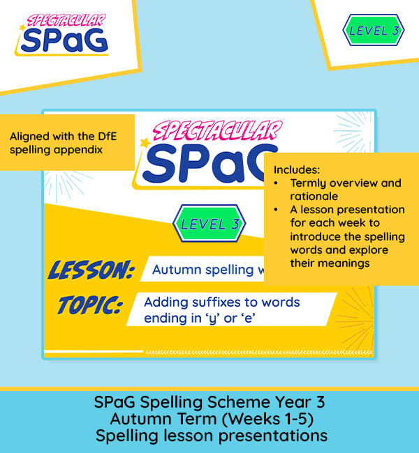 Year 3 Autumn 1 spelling PowerPoint covering suffixes, split digraphs and spelling patterns