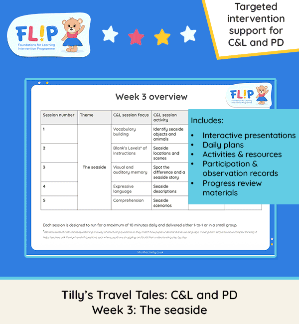 Tilly’s Travel Tales Week 3 The Seaside Reception intervention programme supporting Communication and Language and Physical Development skills
