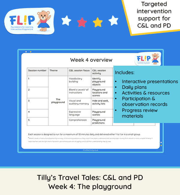 Tilly’s Travel Tales Week 4 The Playground Reception intervention programme supporting Communication and Language and Physical Development skills