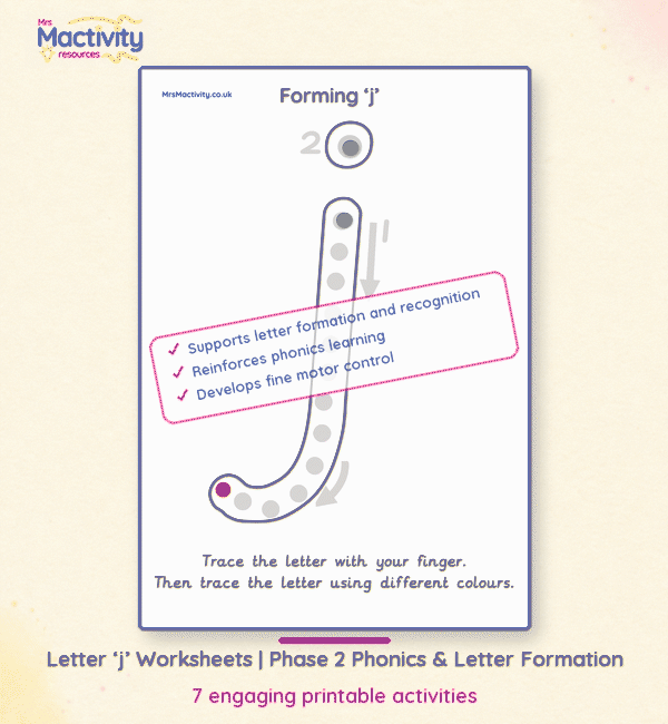 Letter ‘j’ Phase 2 phonics worksheets for letter formation, recognition, initial sounds, tracing and early handwriting.