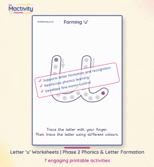 **Alt text:** Letter u Phase 2 phonics worksheets with letter formation, tracing and recognition activities